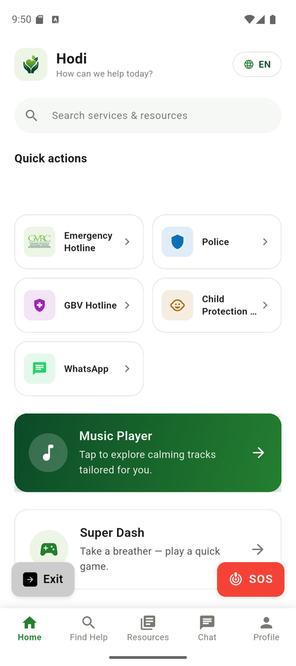 Hodi home screen with quick actions