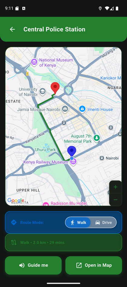 Walking route to a facility on the map